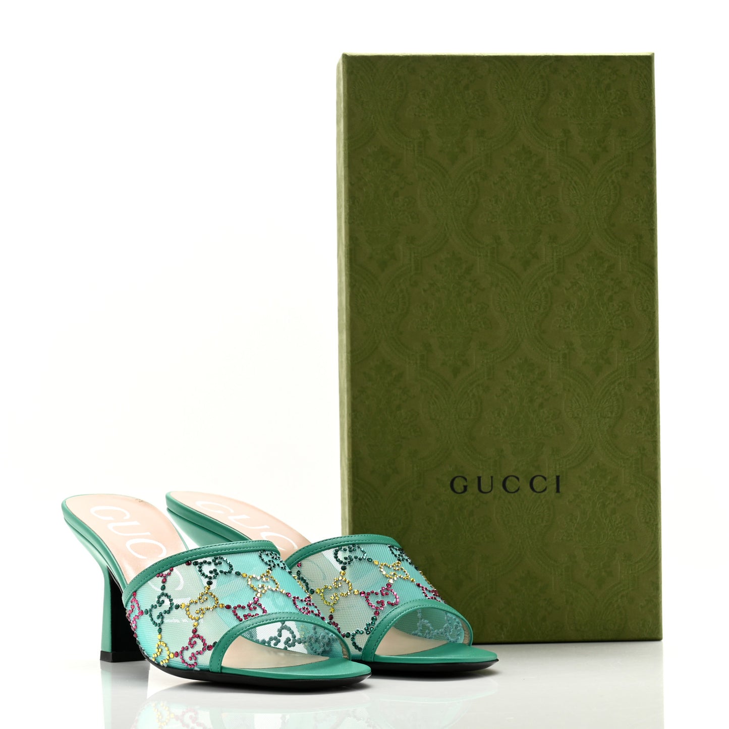 Tela Retino Nappa Crystal GG Monogram Square G 95mm Slide Sandals 37 Turquoise