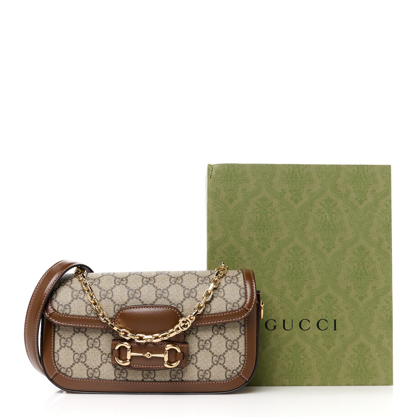 GG Supreme Monogram Small Horsebit 1955 Chain Shoulder Bag Beige Ebony Brown Sugar