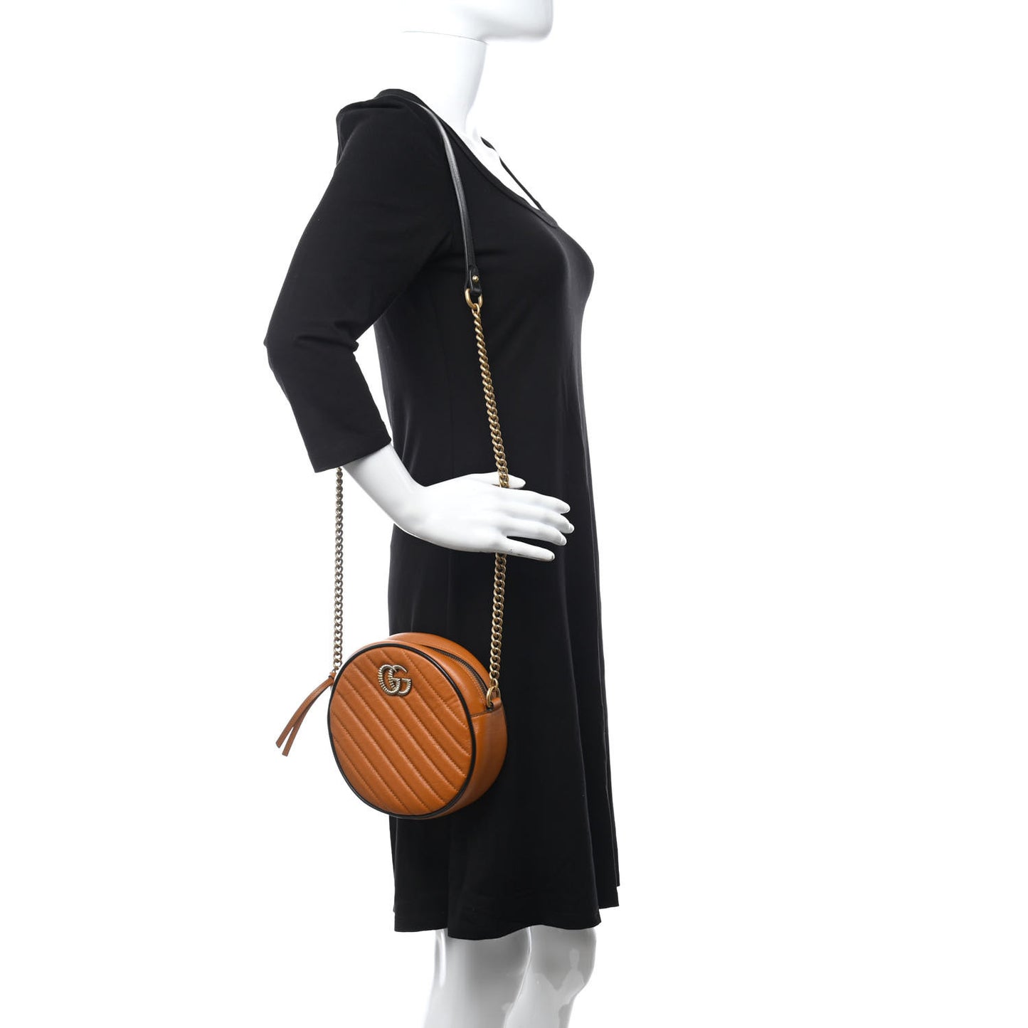 Azalea Calfskin Matelasse Diagonal Mini Torchon GG Marmont Round Shoulder Bag Cognac Black