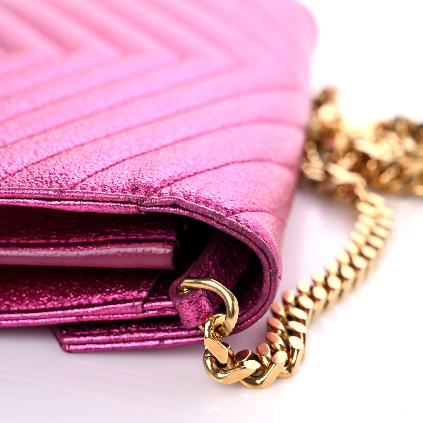 Metallic Crackled Calfskin Matelasse Chevron Monogram Chain Wallet Fuchsia