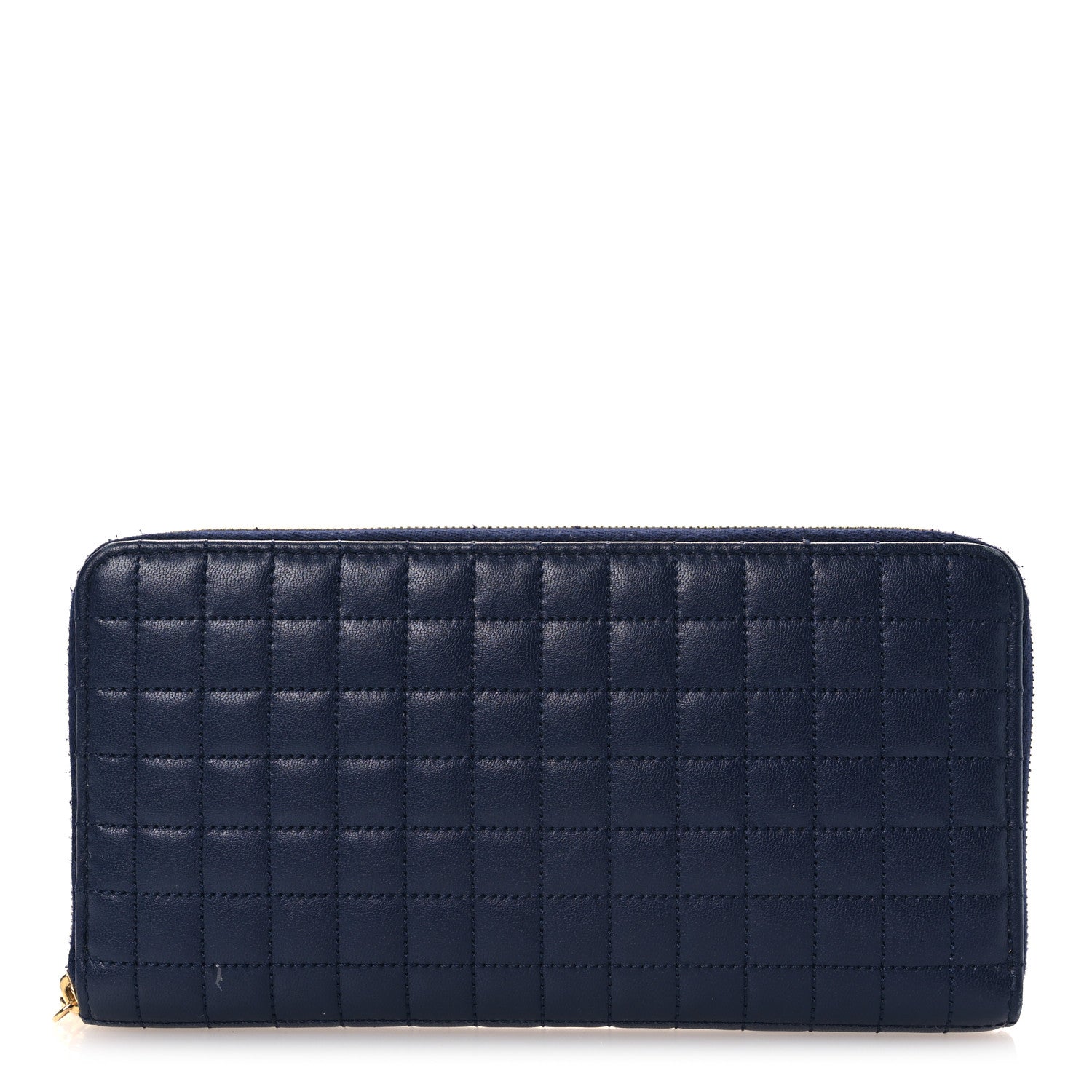 Celine Lambskin Quilted Large C Charm Zip Around Wallet Dark Blue