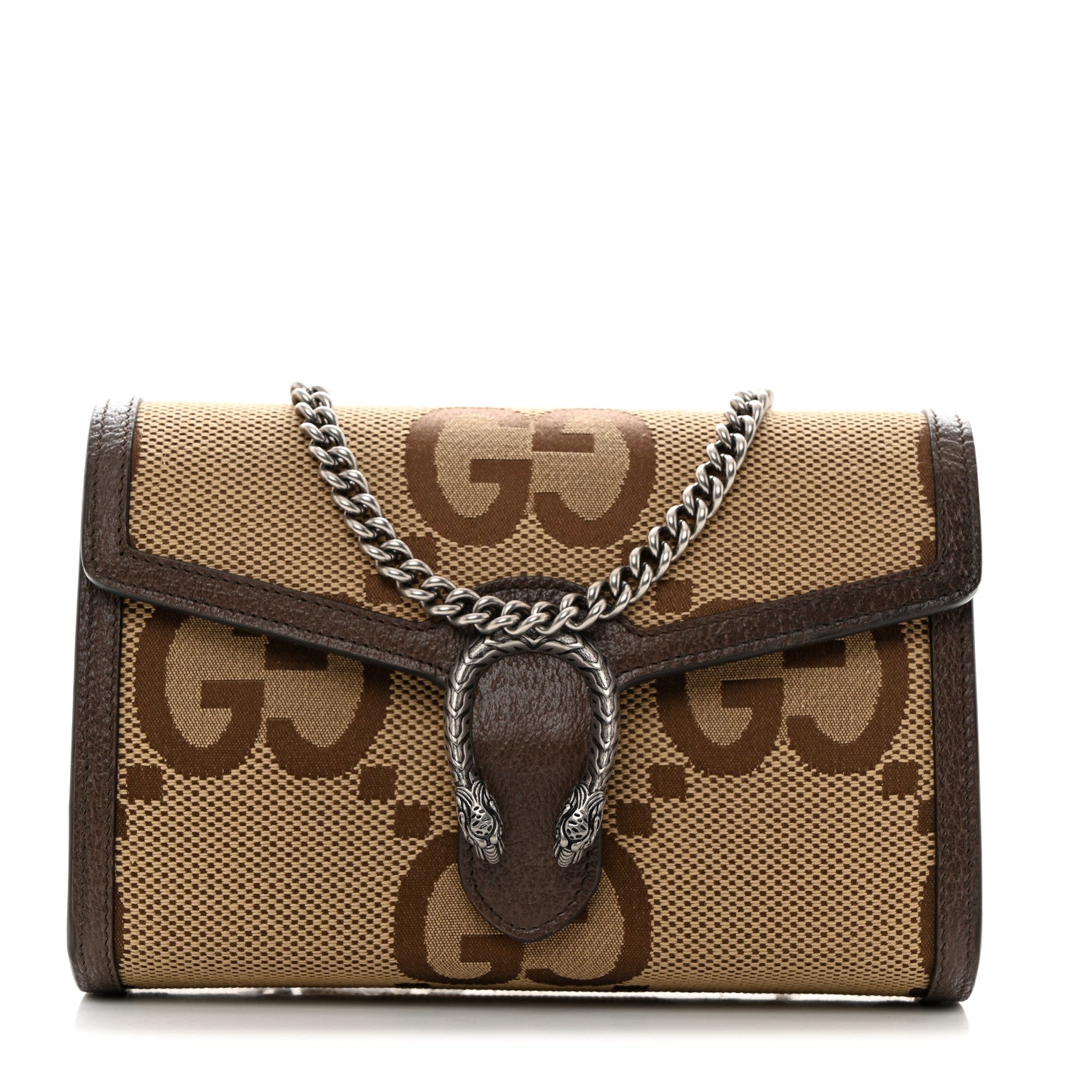 Gucci Monogram Jumbo GG Textured Dollar Calfskin Mini Dionysus Chain Wallet Camel Ebony New Acero 1 of 11