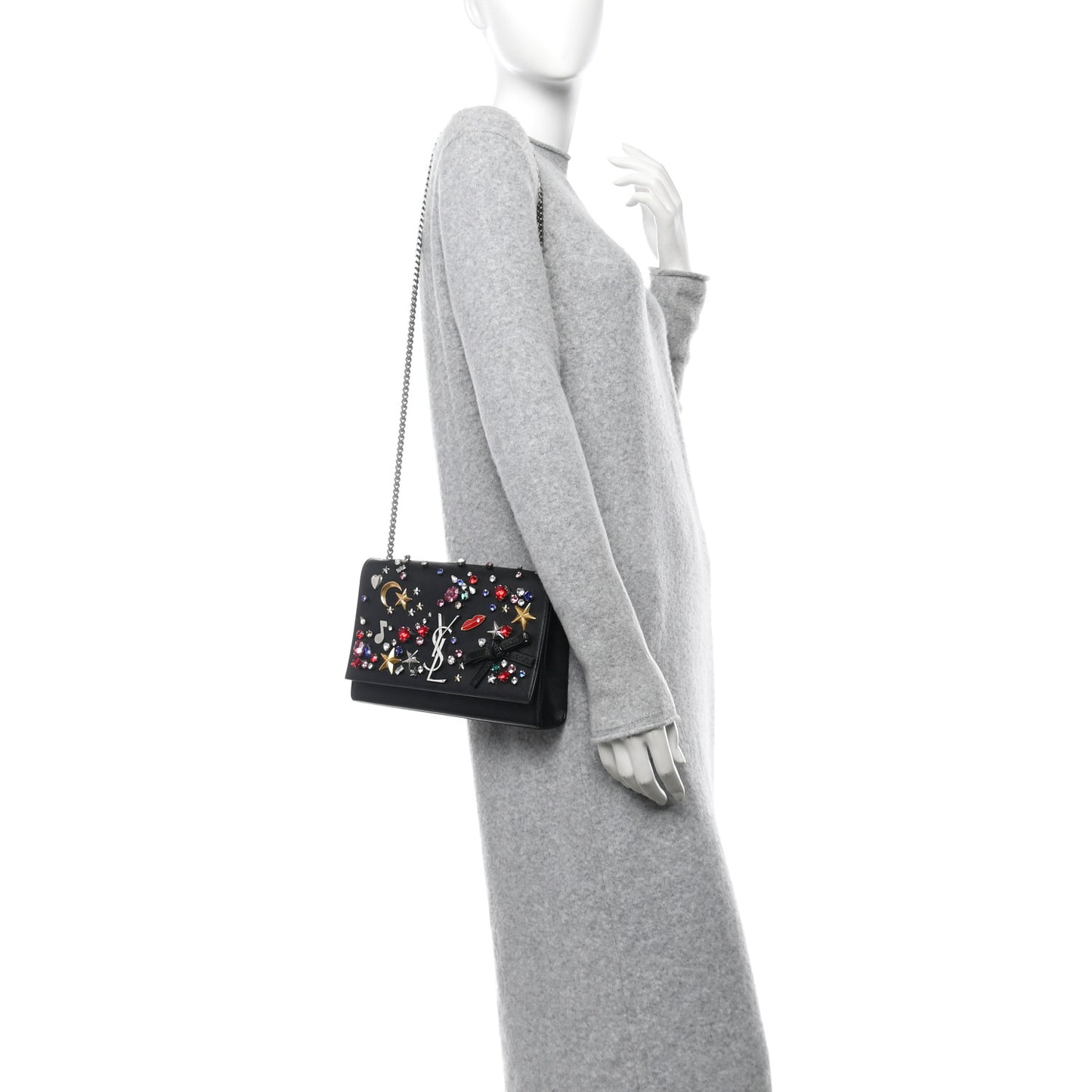 Calfskin Embellished Medium Monogram Kate Satchel Black