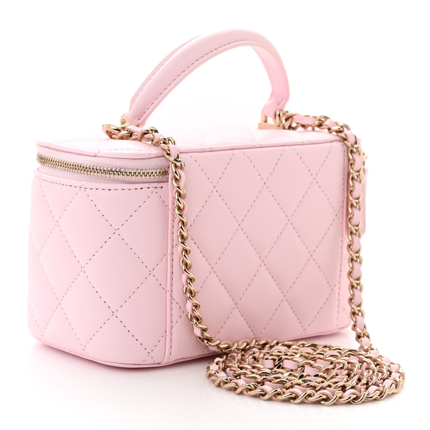 Lambskin Quilted Small Top Handle Vanity Case With Chain Light Pink Light Pink