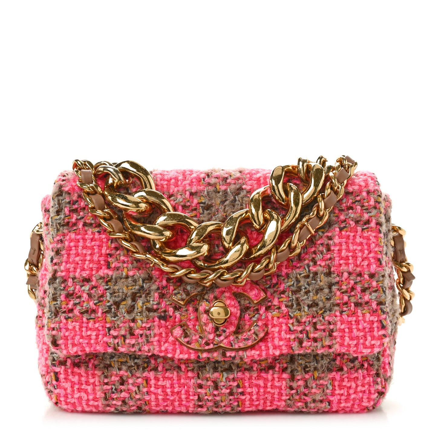 Wool Tweed Quilted Small Elegant Chain Flap Pink Brown