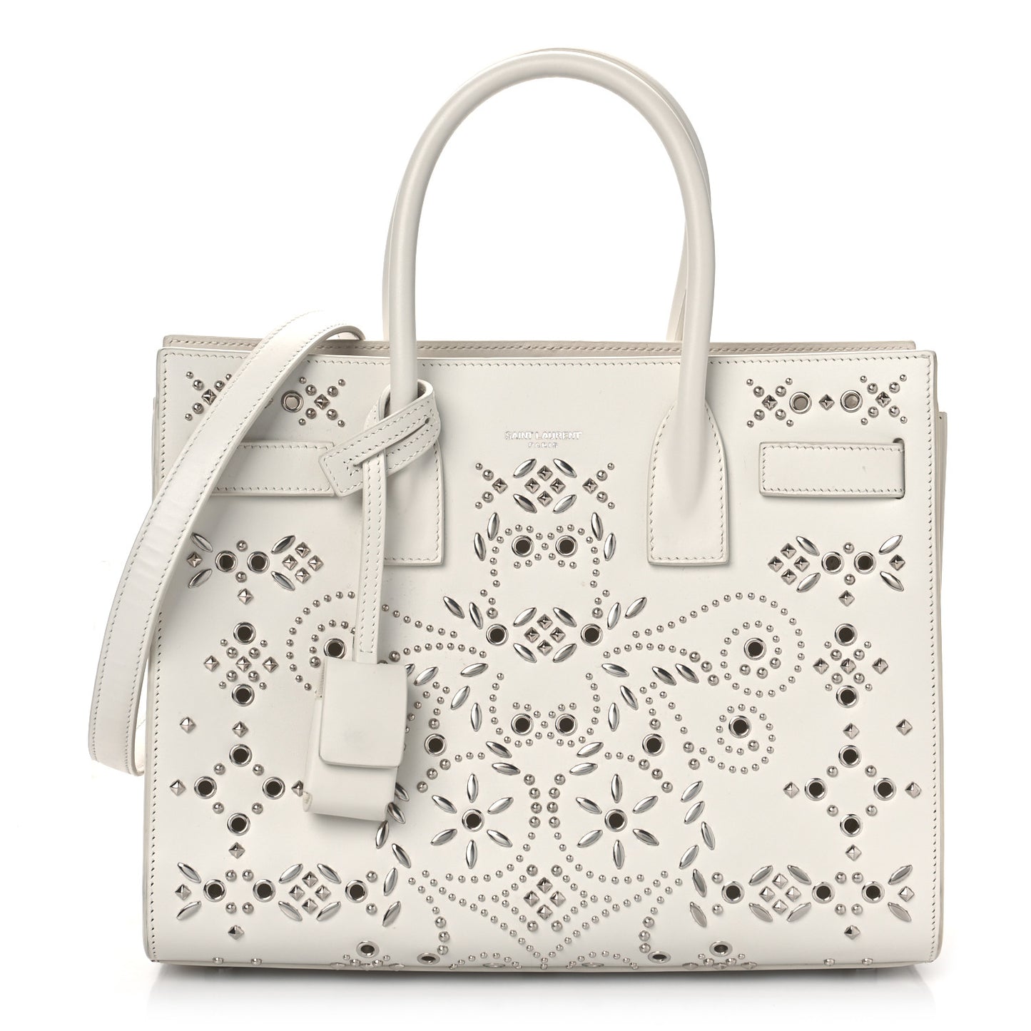 Calfskin Perforated Studded Baby Sac De Jour White