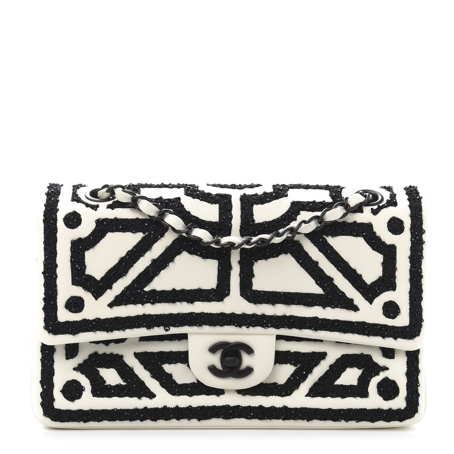 Lambskin Crystal Embroidered Medium Garden Of Versailles Double Flap Black White