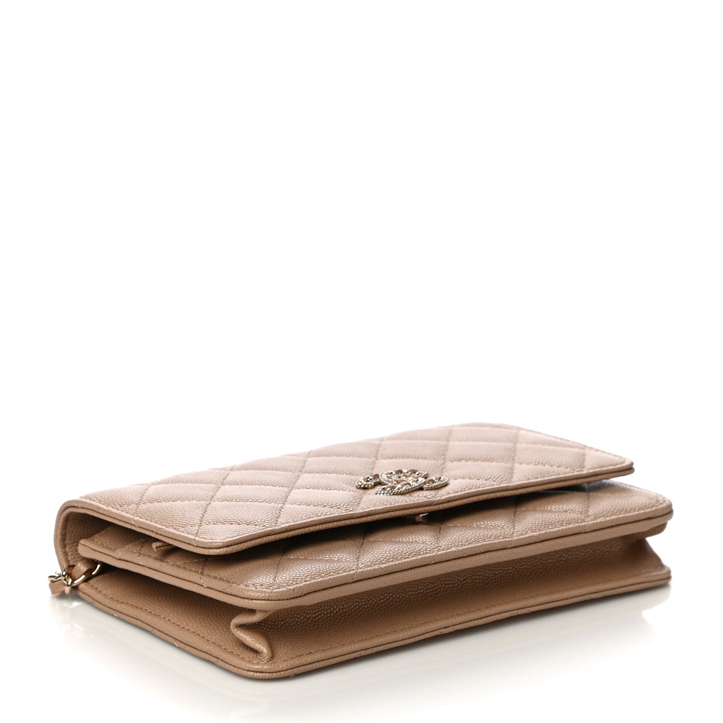 Caviar Quilted Crystal CC Wallet On Chain WOC Beige