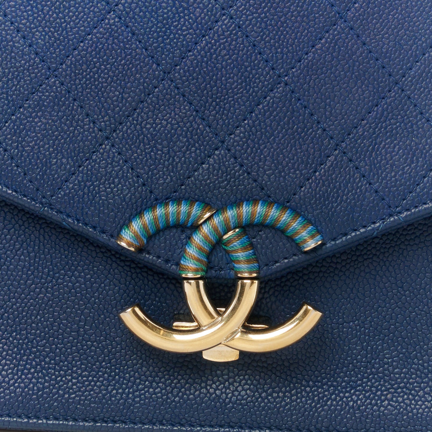 Grained Calfskin Quilted Medium Cuba Top Handle Flap Blue