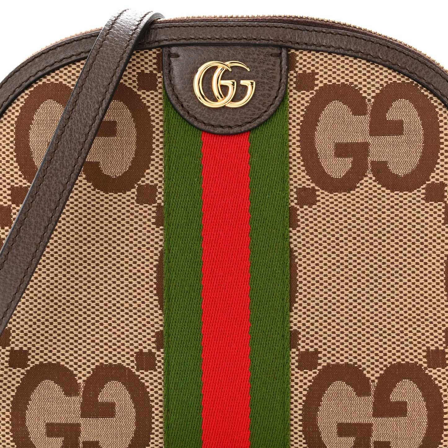 Monogram Jumbo GG Textured Dollar Calfskin Web Small Ophidia Dome Shoulder Bag Camel Ebony New Acero