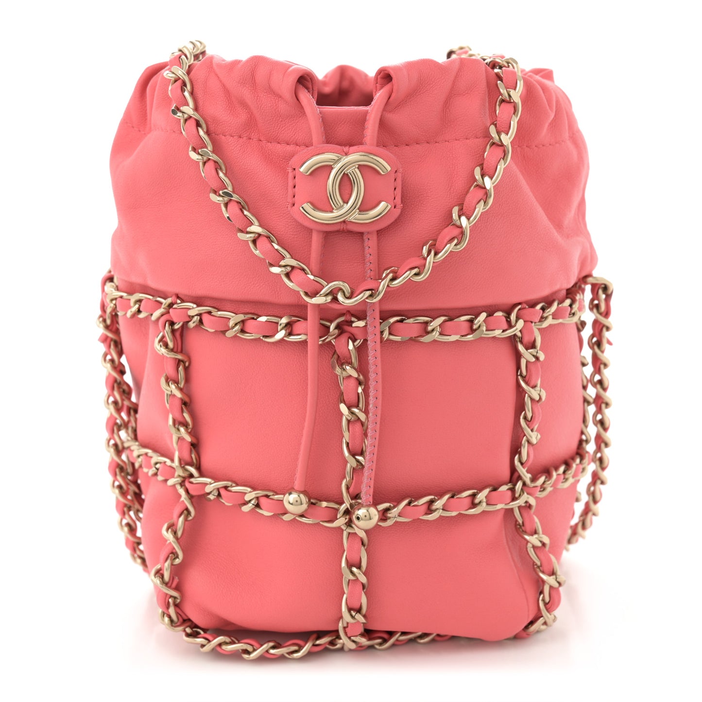 Lambskin Bucket Chain Drawstring Bag Pink