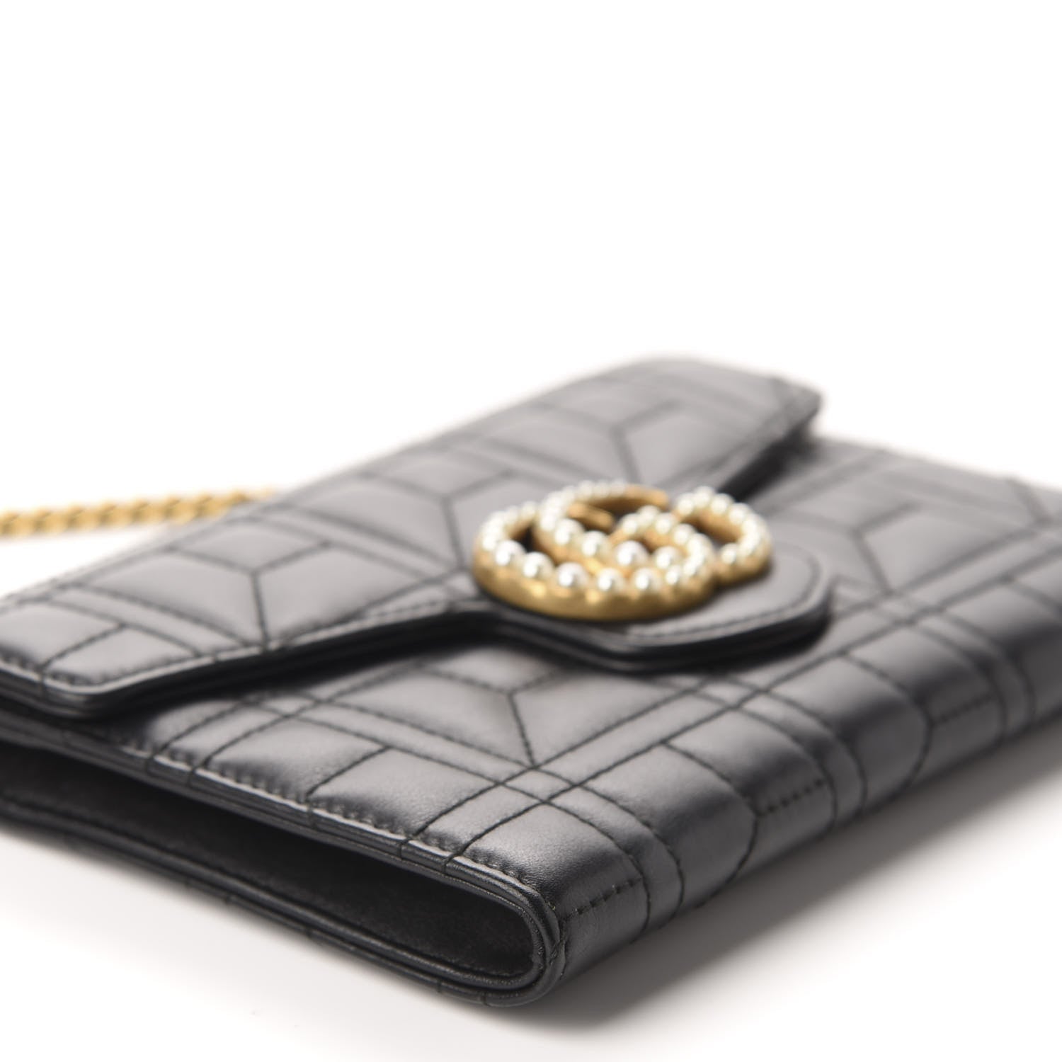Gucci Calfskin Matelasse Mini Pearly GG Marmont Chain Wallet Black 6 of 11