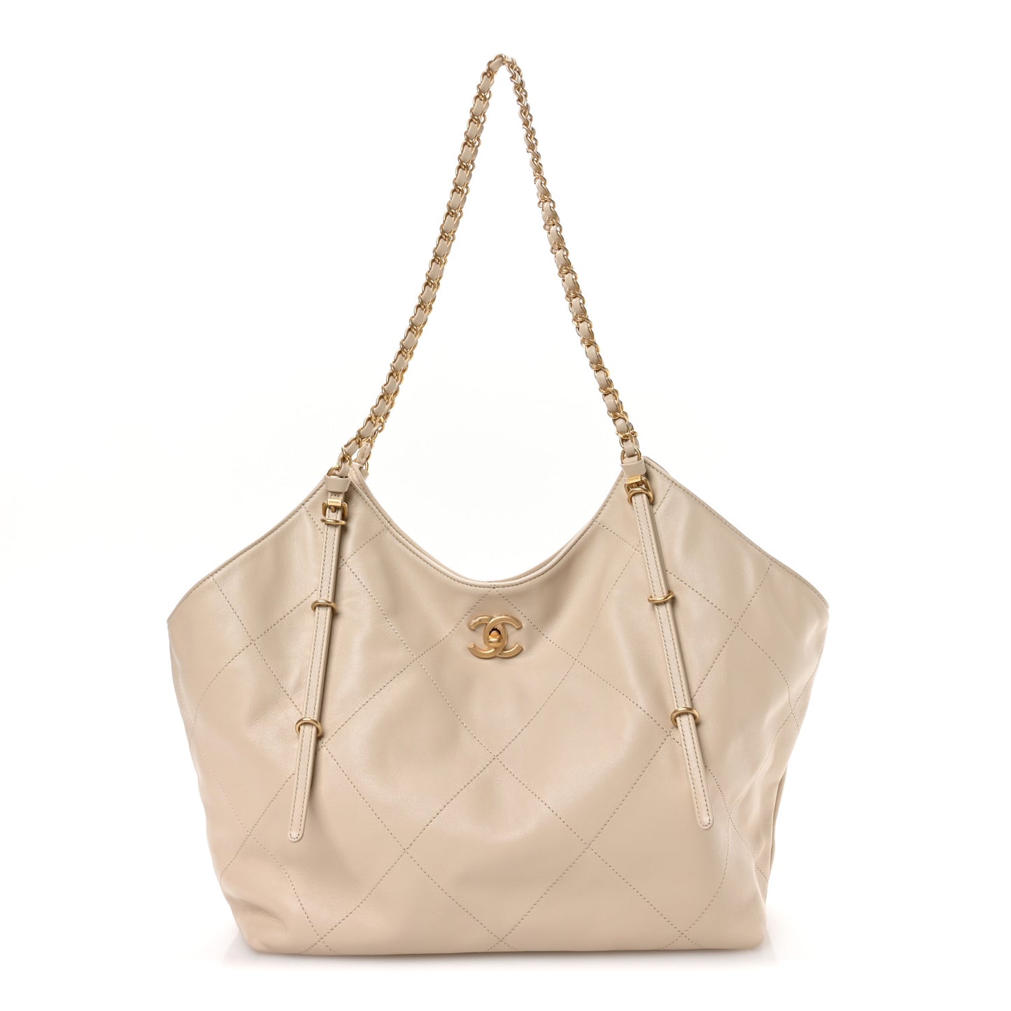 Calfskin Quilted Maxi Coco Large Shopping Bag Beige