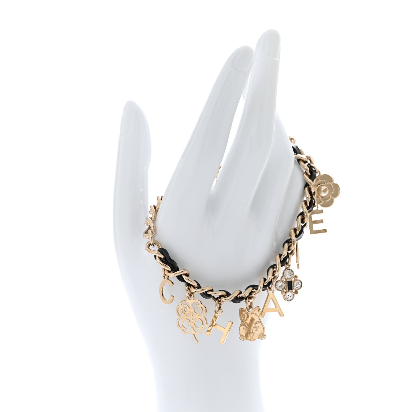 Metal Lambskin Crystal Chain CC Charms Bracelet Gold Black
