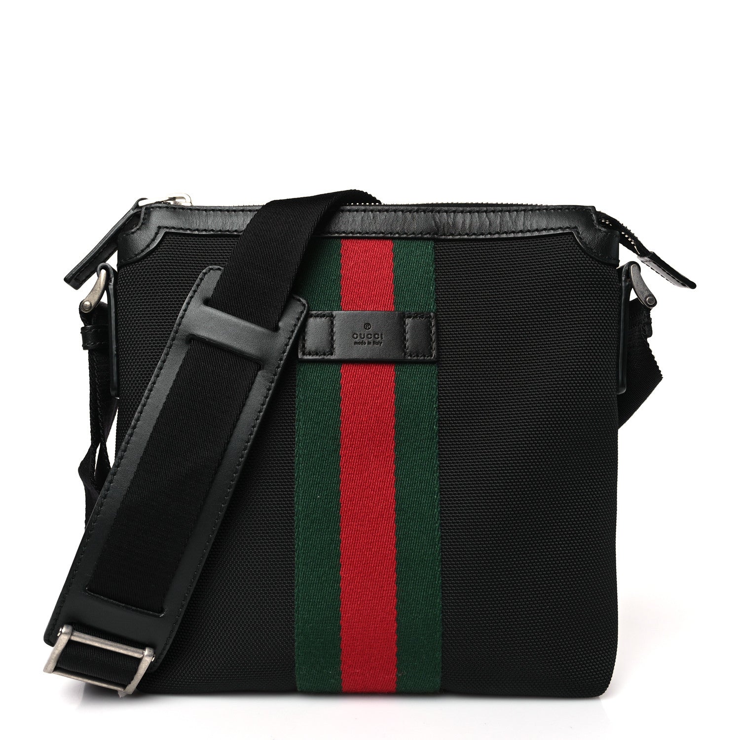 Gucci Techno Canvas Selleria Calfskin Web Small Flat Messenger Bag Black 1 of 8