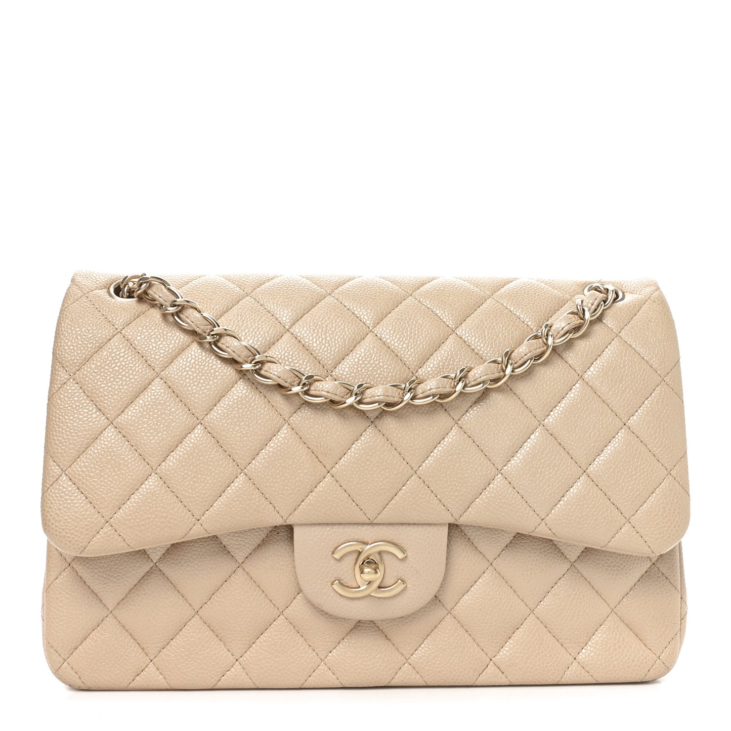 Iridescent Caviar Quilted Jumbo Double Flap Beige