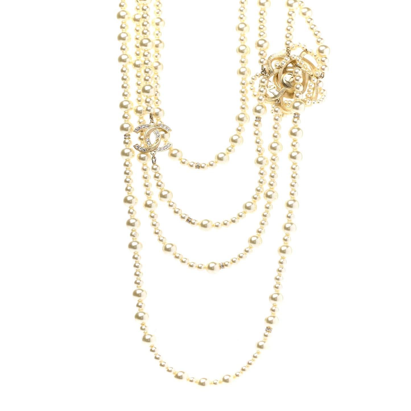 Crystal Pearl CC Multi Strand Necklace Gold