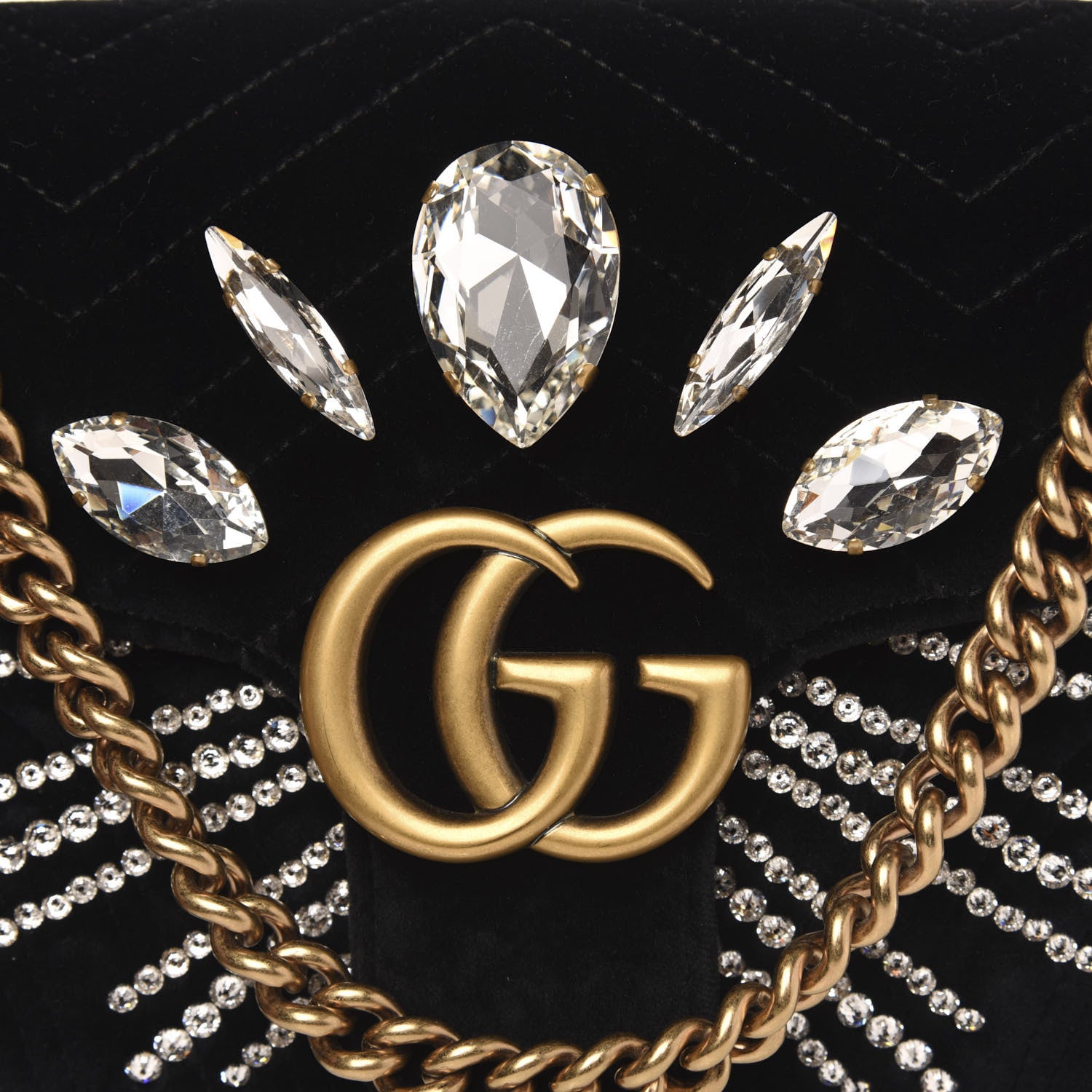 Gucci Velvet Matelasse Marquise Crystals Embroidered Small GG Marmont Shoulder Bag Black 8 of 10