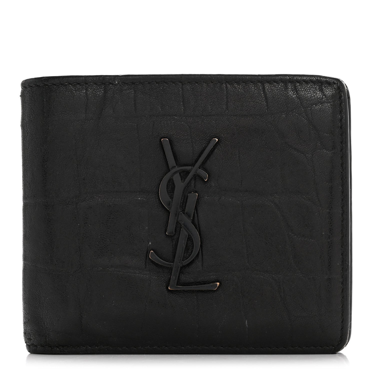 Saint Laurent Calfskin Crocodile Embossed Monogram Bifold Wallet