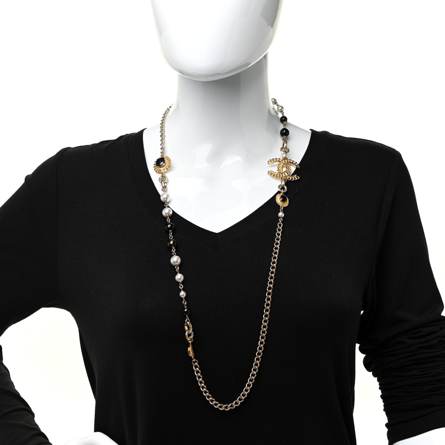 Enamel Pearl Bead CC Long Necklace Black Gold