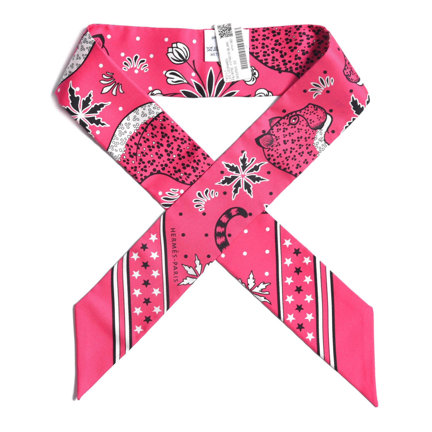 Hermes Silk Les Leopards Twilly Rose Vif Black White 1 of 4