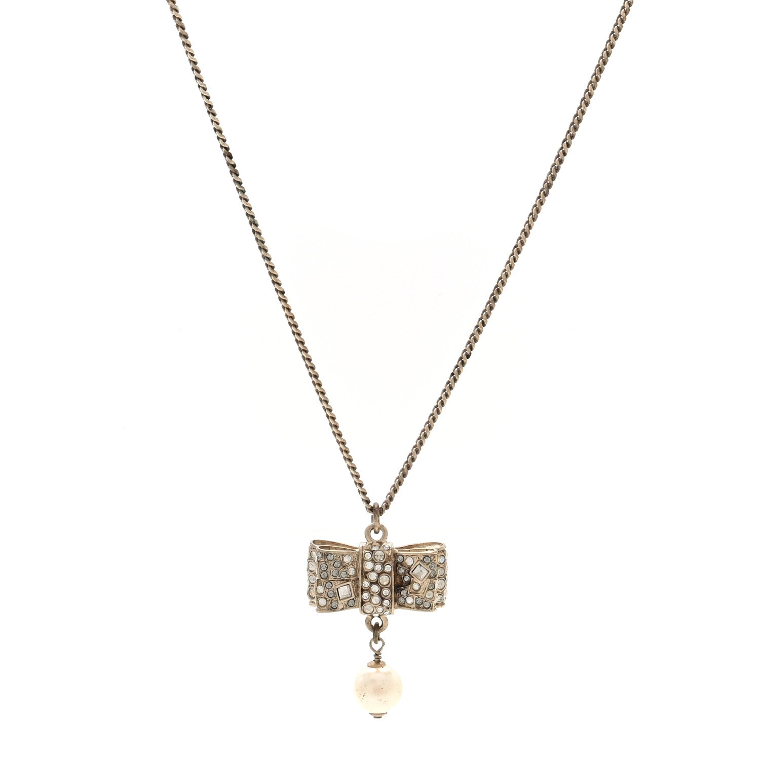 Chanel Metal Crystal Pearl CC Bow Necklace Gold 1 of 6