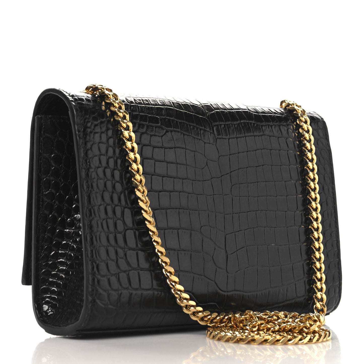 Calfskin Crocodile Embossed Small Classic Monogram Kate Tassel Satchel Black