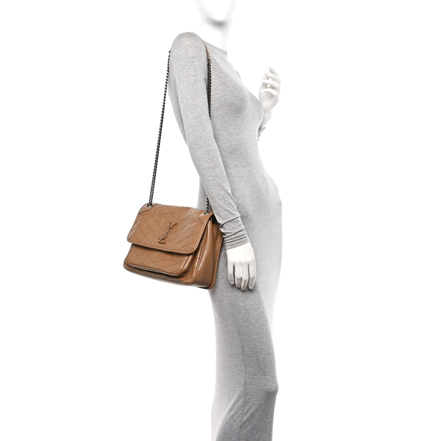 Crinkled Calfskin Matelasse Monogram Medium Niki Chain Satchel Natural Tan