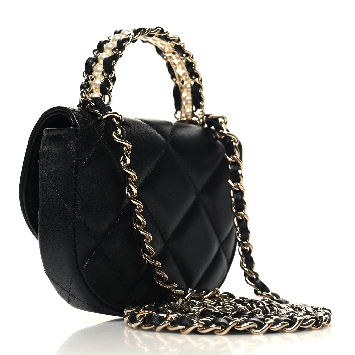 Lambskin Quilted Pearl Top Handle Clutch With Chain Black