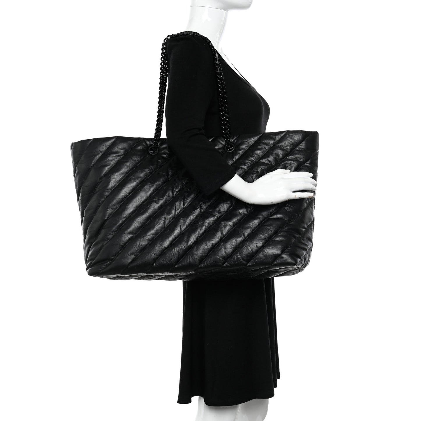 Crushed Calfskin Quilted Matte Black Hardware Large Crush Carry All Tote Bag Black