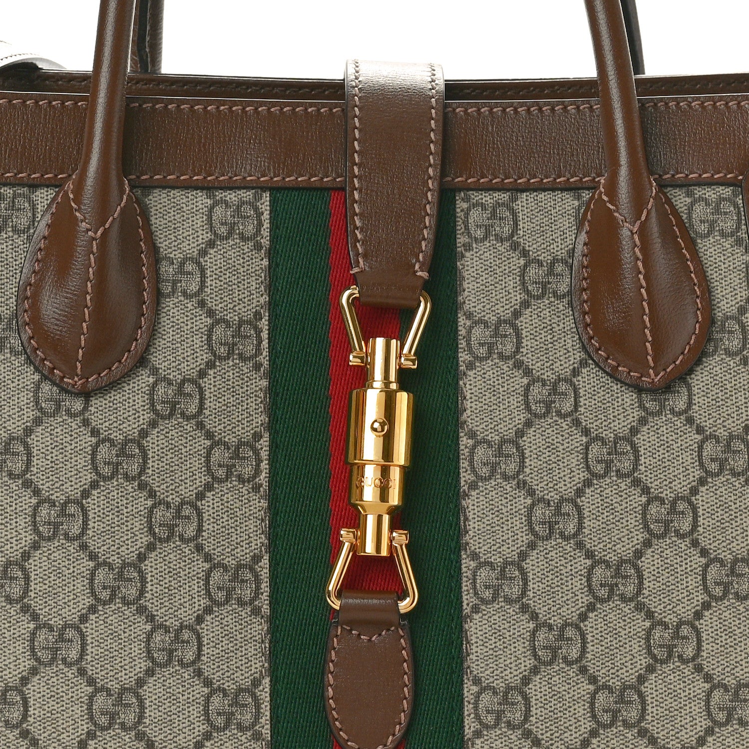 Gucci GG Supreme Monogram Azalea Calfskin Web Medium Jackie 1961 Tote Beige Ebony Brown Sugar 8 of 12