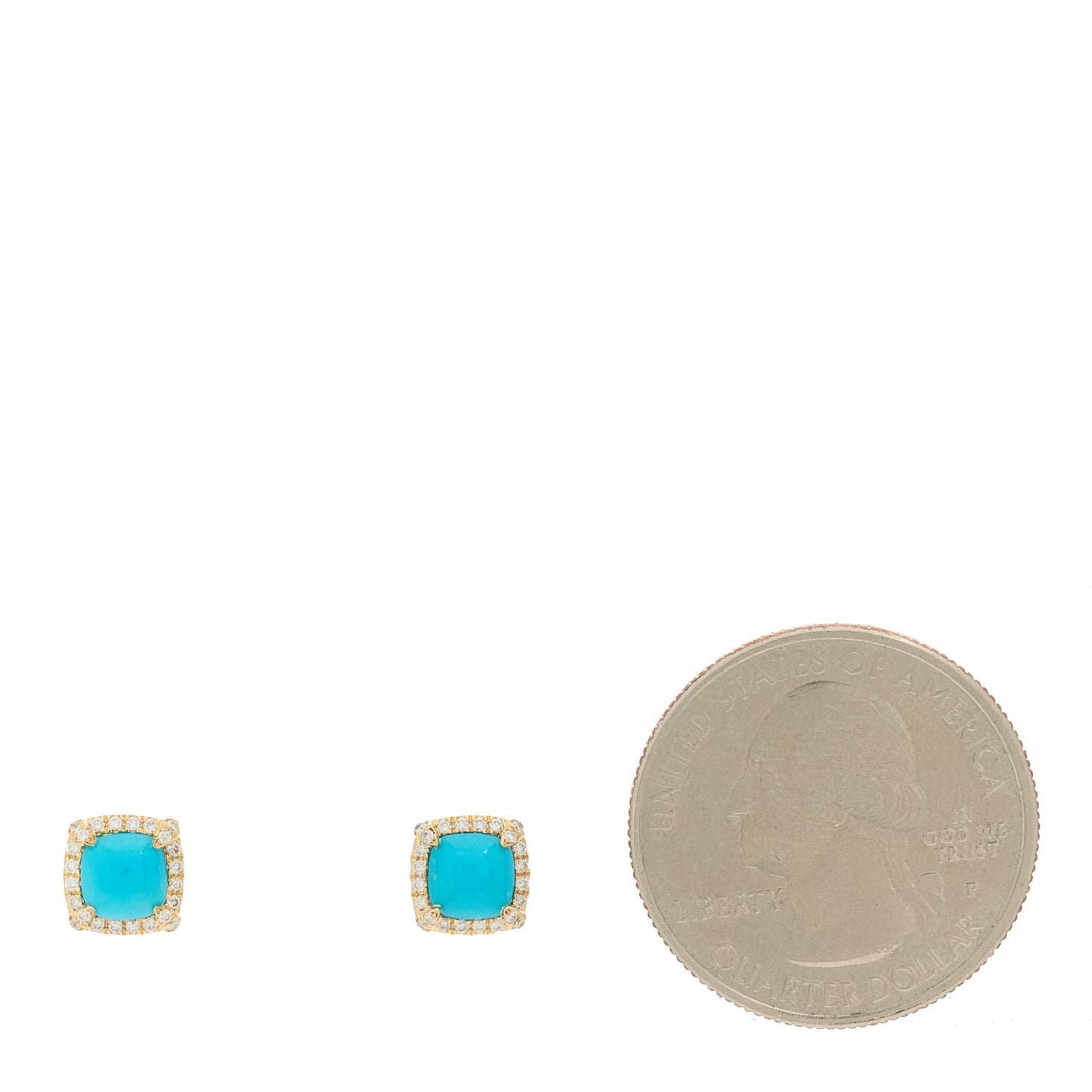 18K Yellow Gold Diamond Turquoise 5mm Chatelaine Pave Bezel Stud Earrings