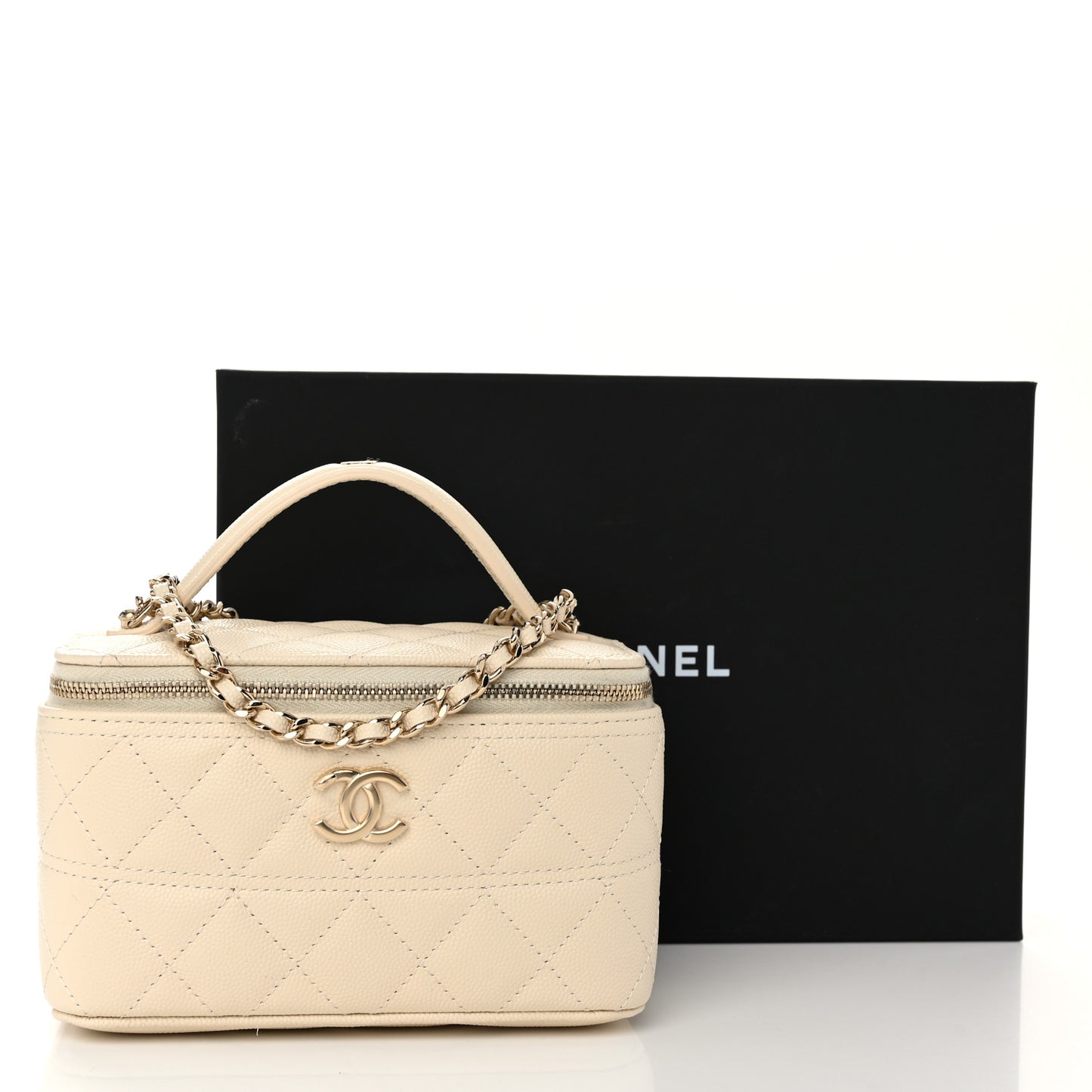 Caviar Quilted Trendy Handle Mini Vanity Ecru