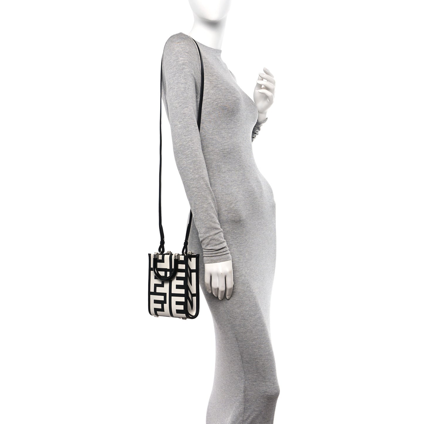 X MARC JACOBS Vitello King Plexiglass Logo Print Mini Fendi Sunshine Shopper Tote Black White