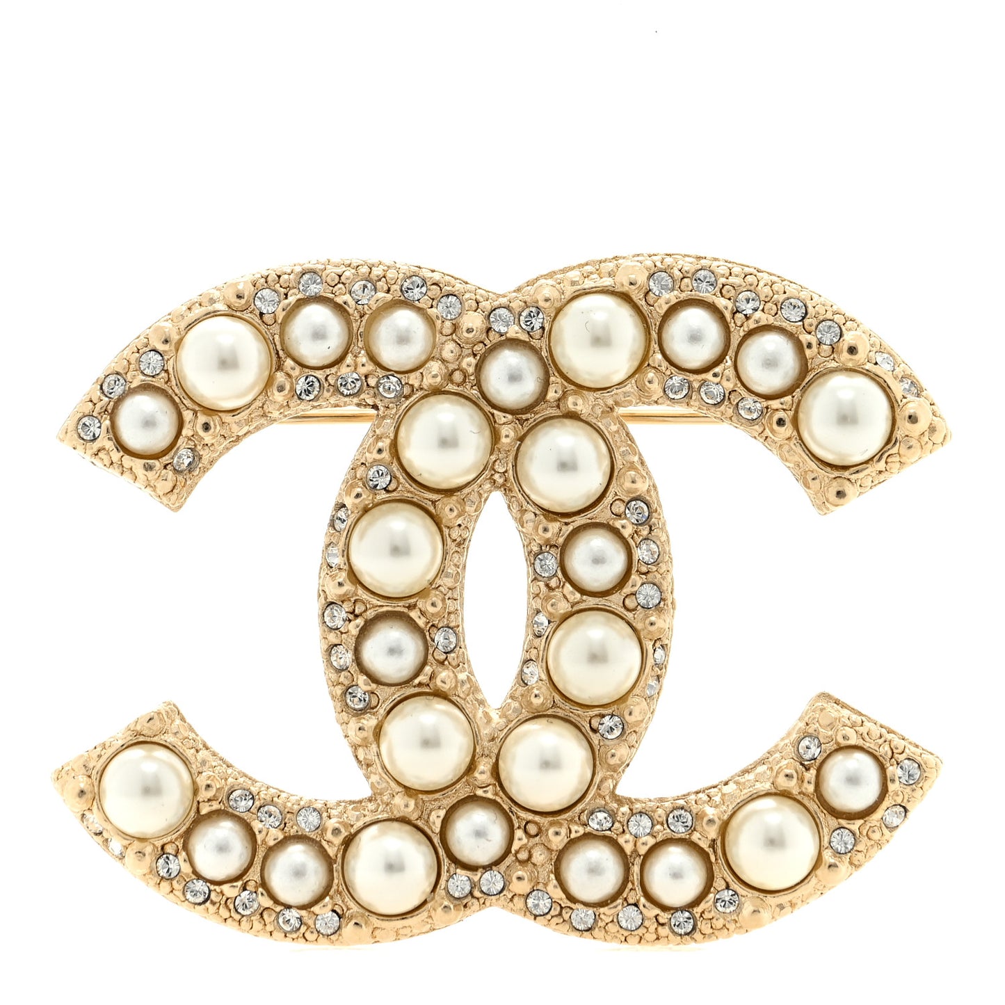 Metal Crystal Graduated Pearl CC Brooch Gold