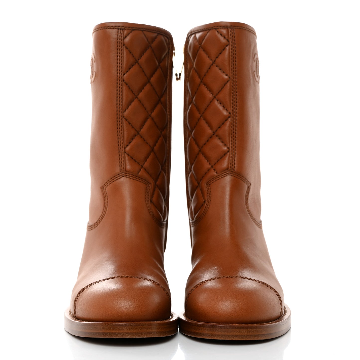 Calfskin CC Logo Mid Calf Boots 36 Caramel