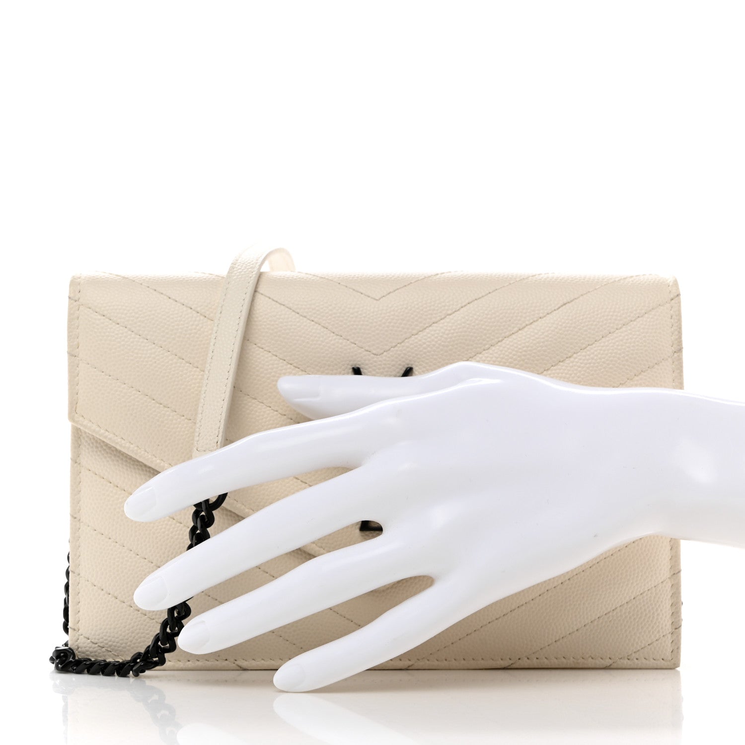 Saint Laurent Grain De Poudre Matelasse Chevron Monogram Envelope Chain Wallet Dove White 2 of 10