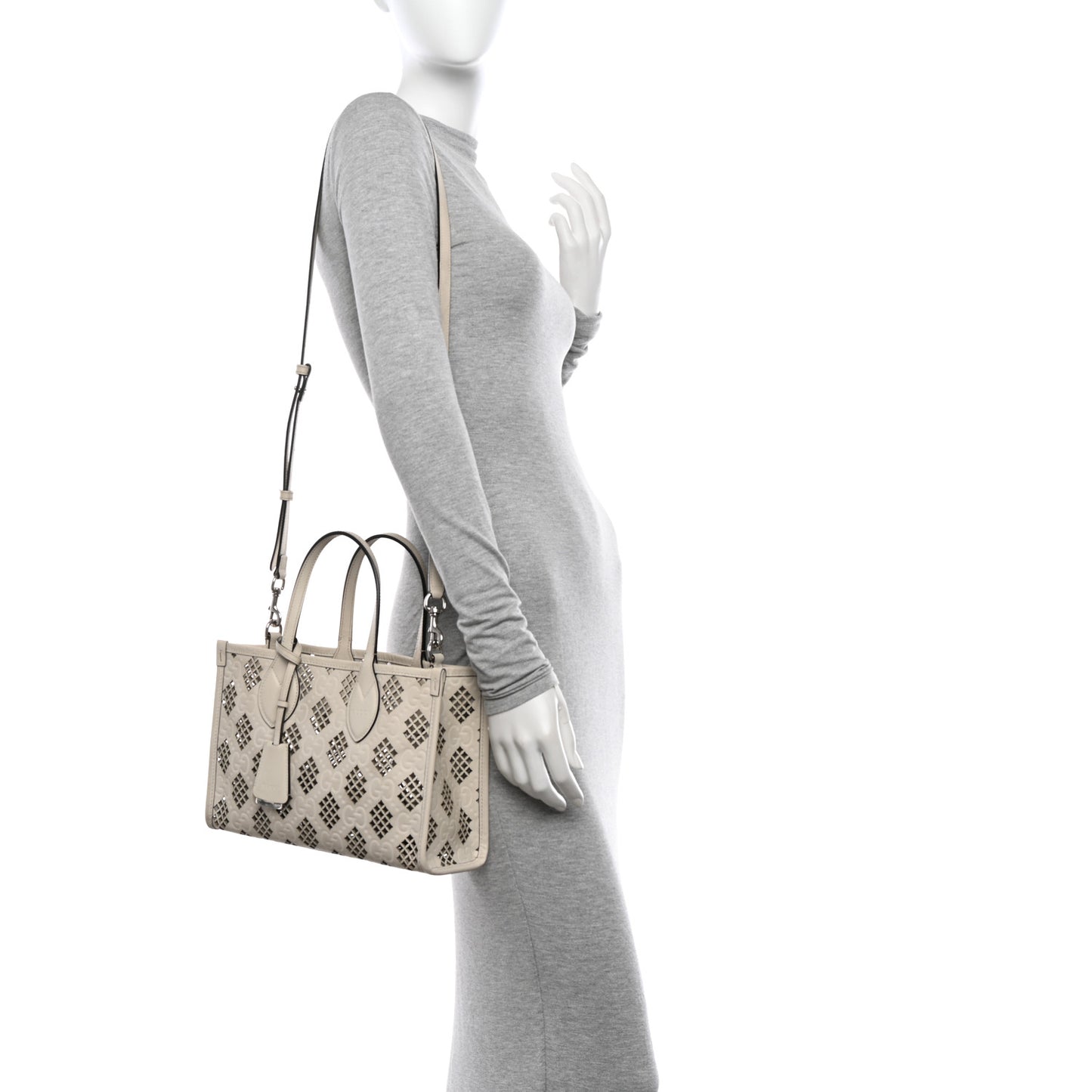 Calfskin GG Monogram Diamond Cut Small Ophidia Tote Bag Off White