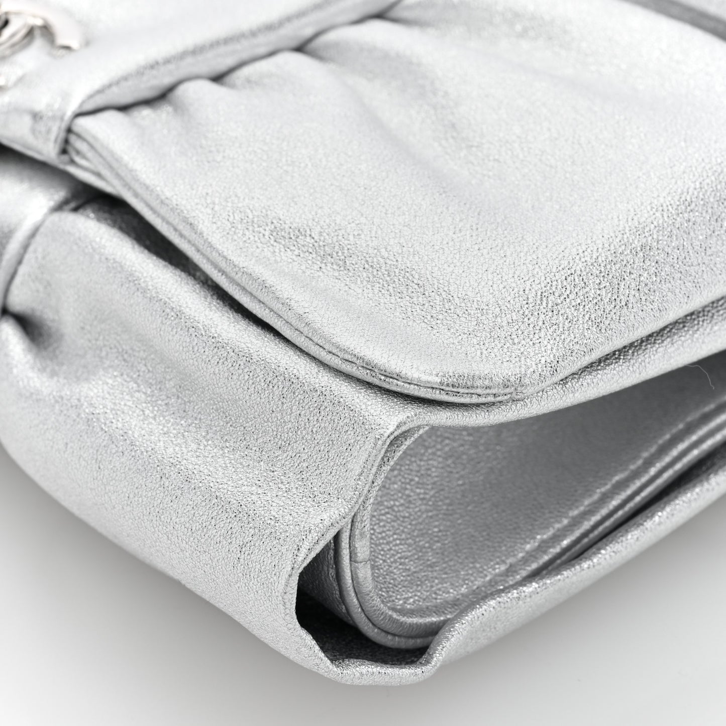 Metallic Lambskin Tie My Bow Flap Clutch With Chain Silver