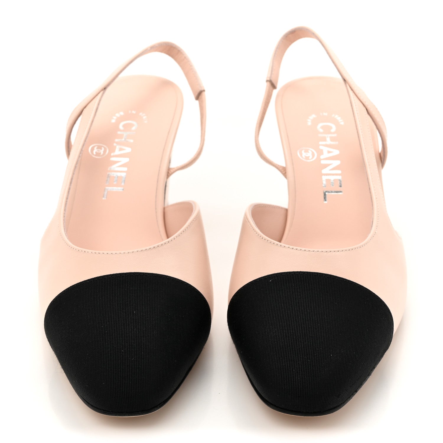 Chanel Calfskin Grosgrain Cap Toe CC Slingback Pumps 37 Light Pink Black 3 of 10