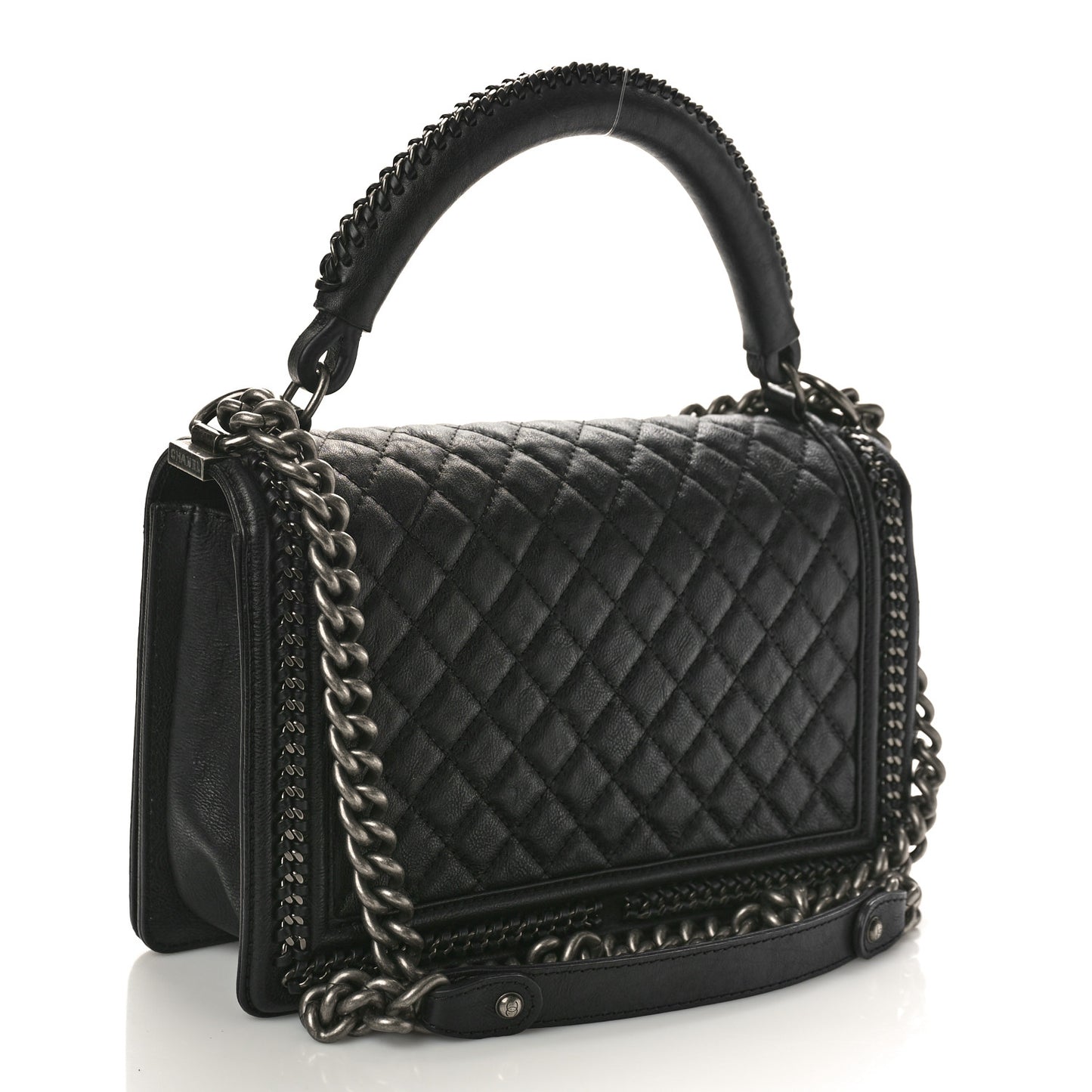 Goatskin Quilted New Medium Boy Handle Flap Black Black