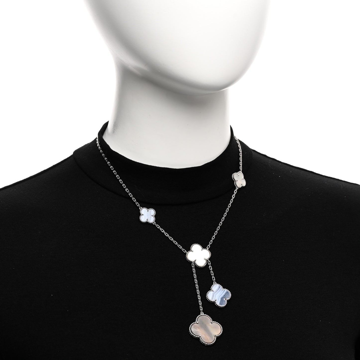 18K White Gold Mother of Pearl Chalcedony 6 Motifs Magic Alhambra Necklace