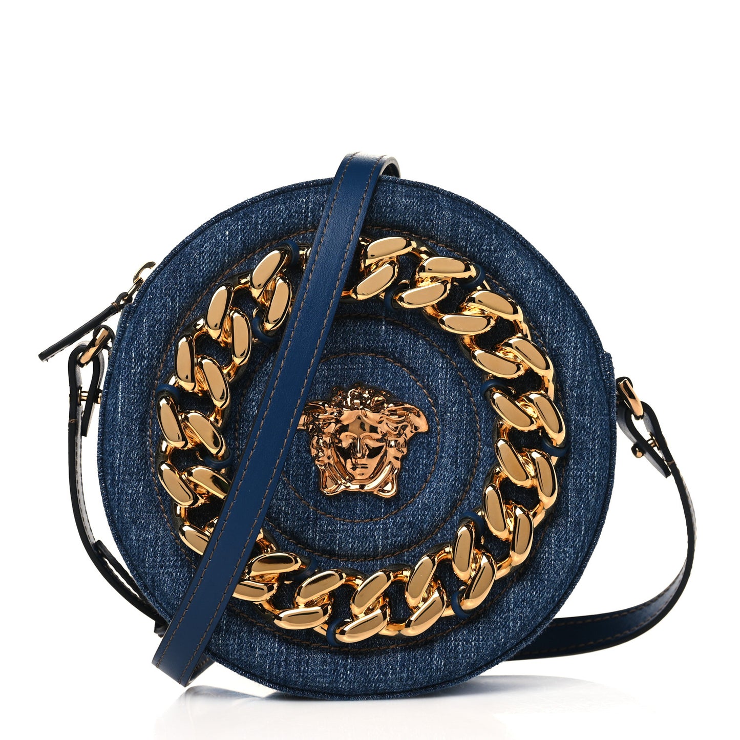 Denim Mini La Medusa Chain Round Crossbody Bag Navy Blue