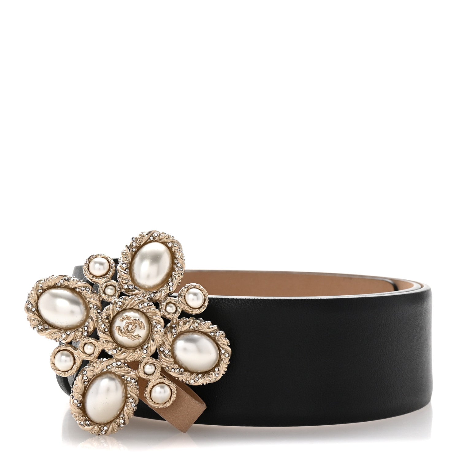 Chanel Calfskin Pearl Crystal CC Belt 85/34 Black Gold 1686364