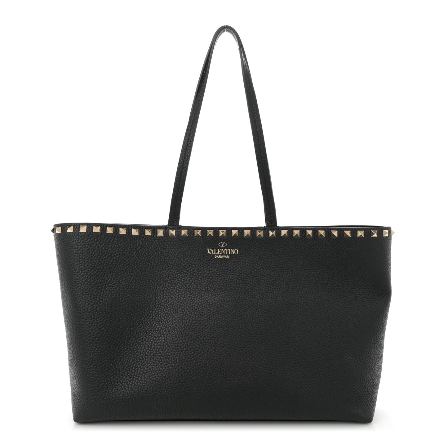Grained Calfskin Rockstud Shoulder Tote Black