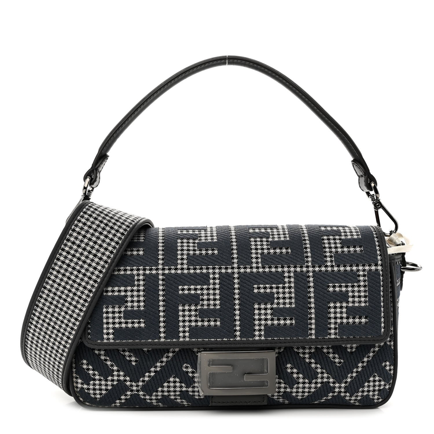 Fendi Wool Vitello King Houndstooth FF Embroidered Baguette Grigio Anthracite 1 of 9