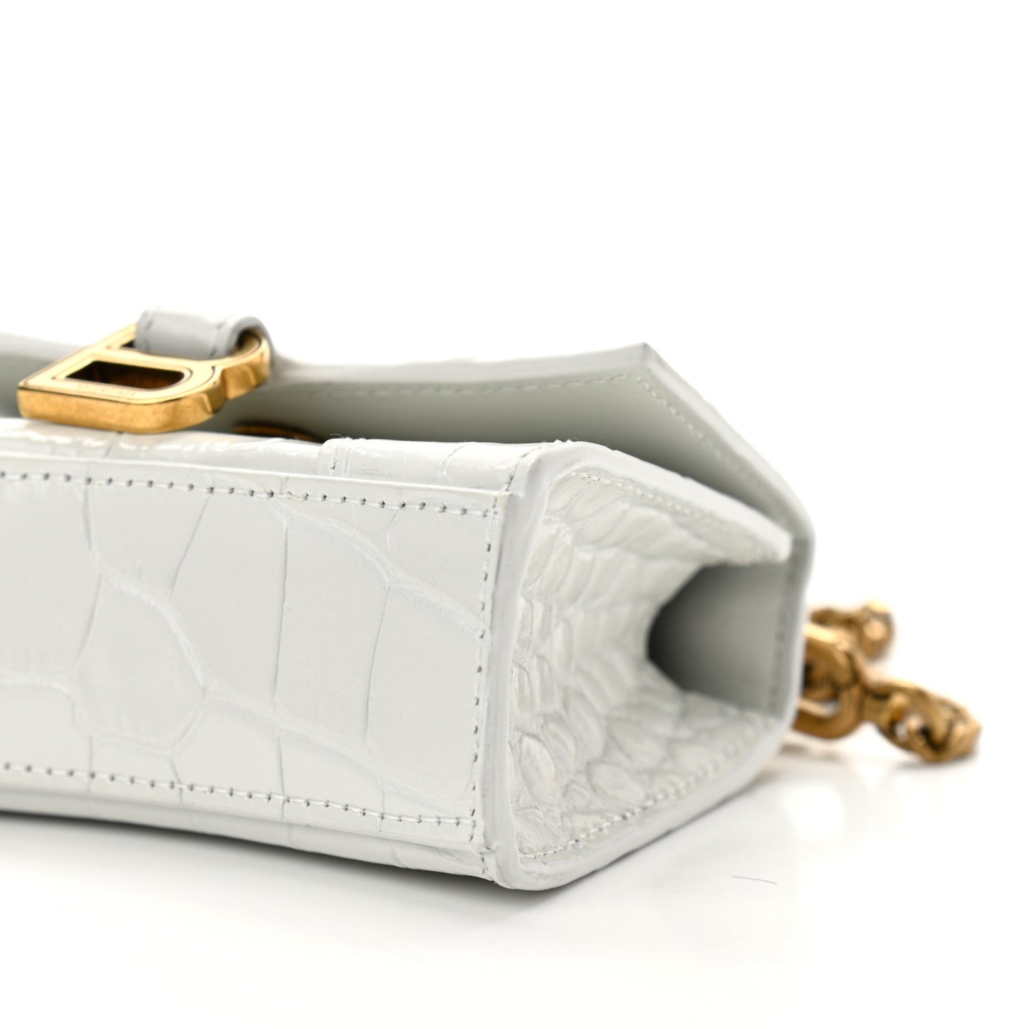 Shiny Calfskin Crocodile Embossed Hourglass Top Handle Bag Mini with Chain White