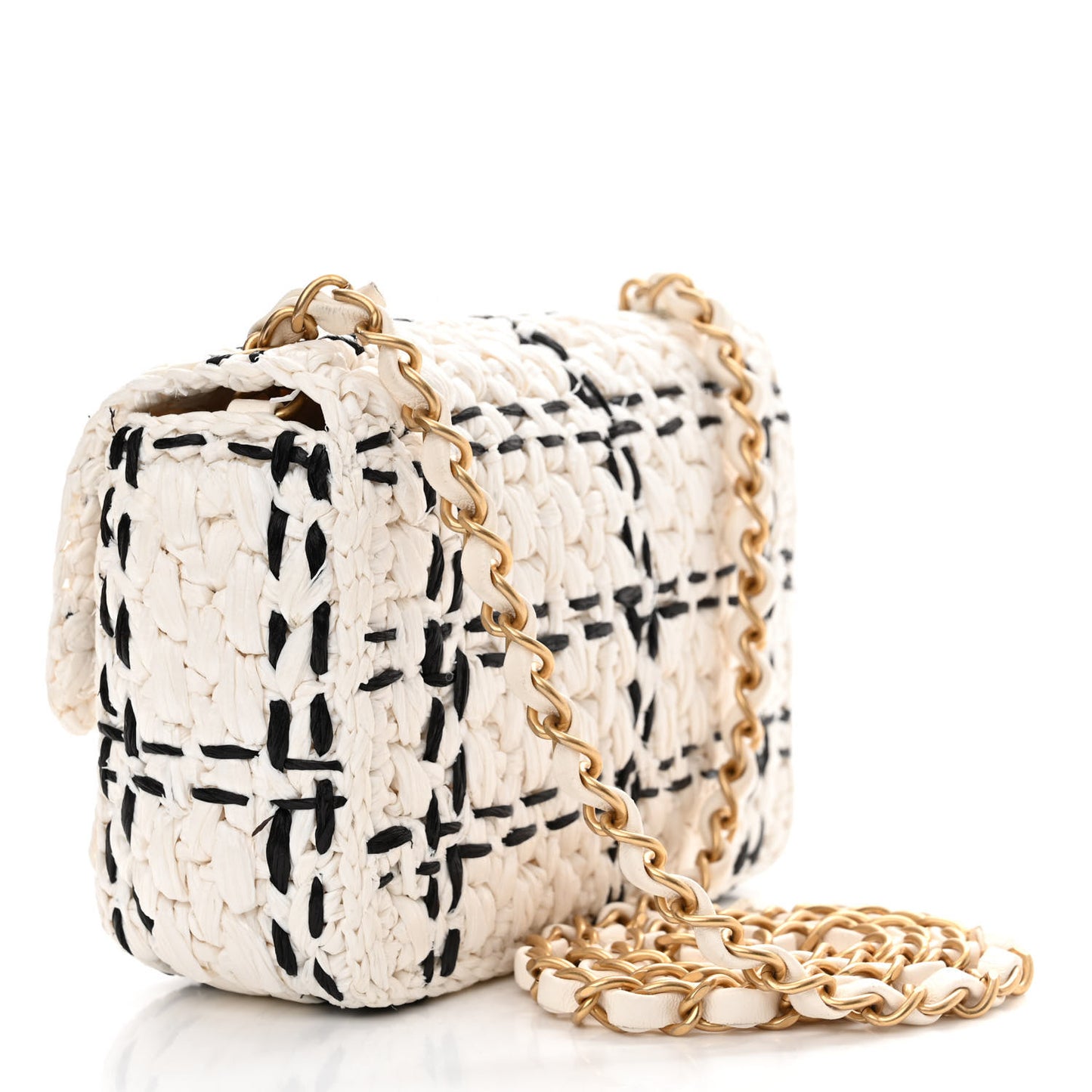 Raffia Effect Tweedy Mini Flap Bag White Black
