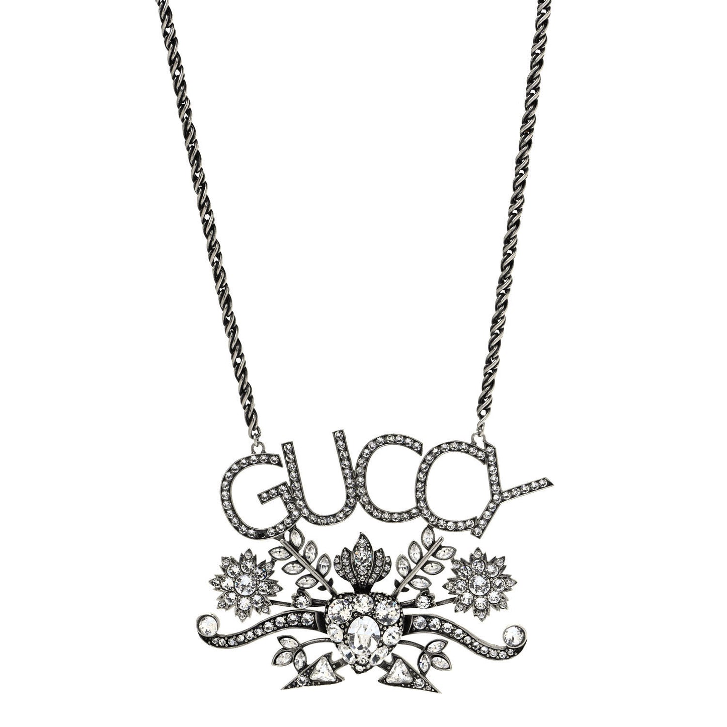 Metal Crystal Guccy Necklace Aged Silver