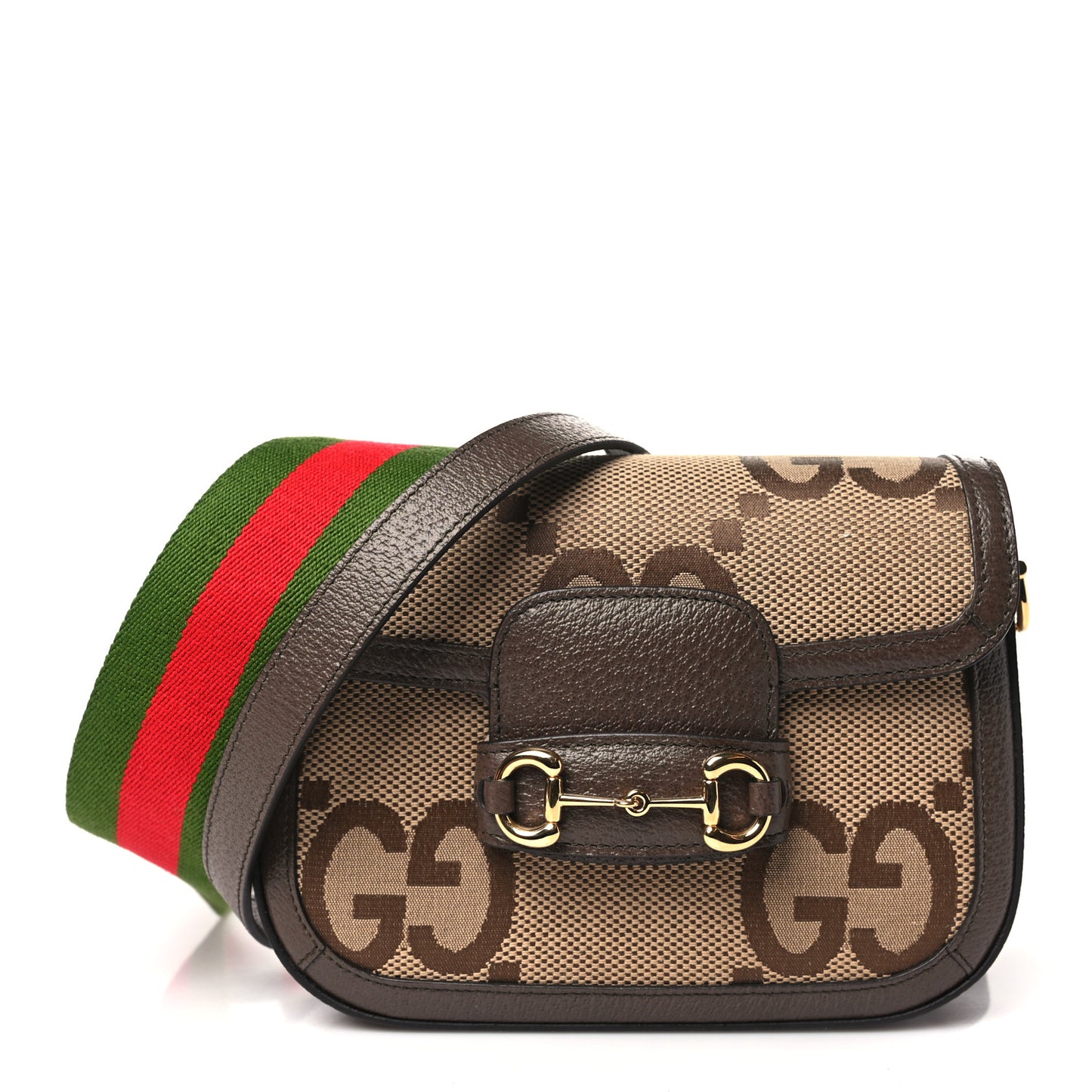 Monogram Jumbo GG Textured Dollar Calfskin Web Mini Horsebit 1955 Shoulder Bag Camel Ebony New Acero